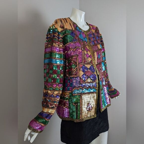 Vintage 100% Silk Sequin Jacket – Art Deco Patchwork – XL Statement Glam - Picture 6 of 13